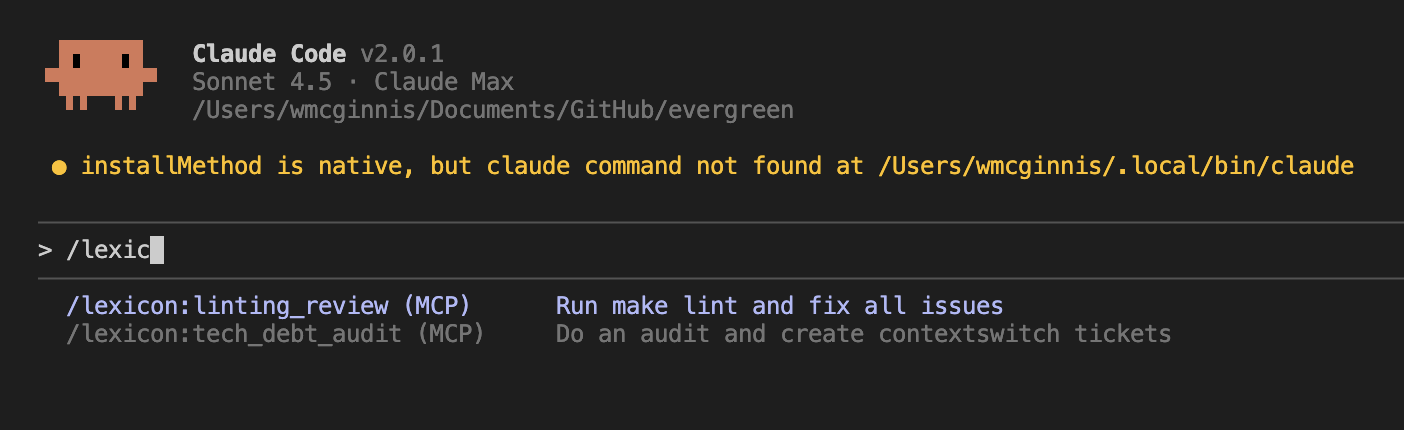 Claude Code showing Lexicon prompts as slash commands