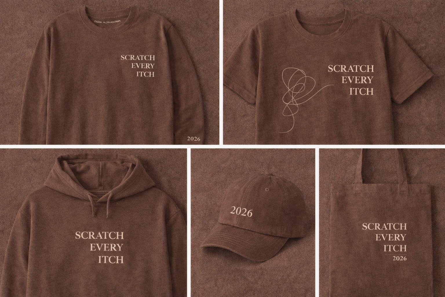 Brown merchandise mockups showing sweatshirt, t-shirt, hoodie, cap, and tote bag