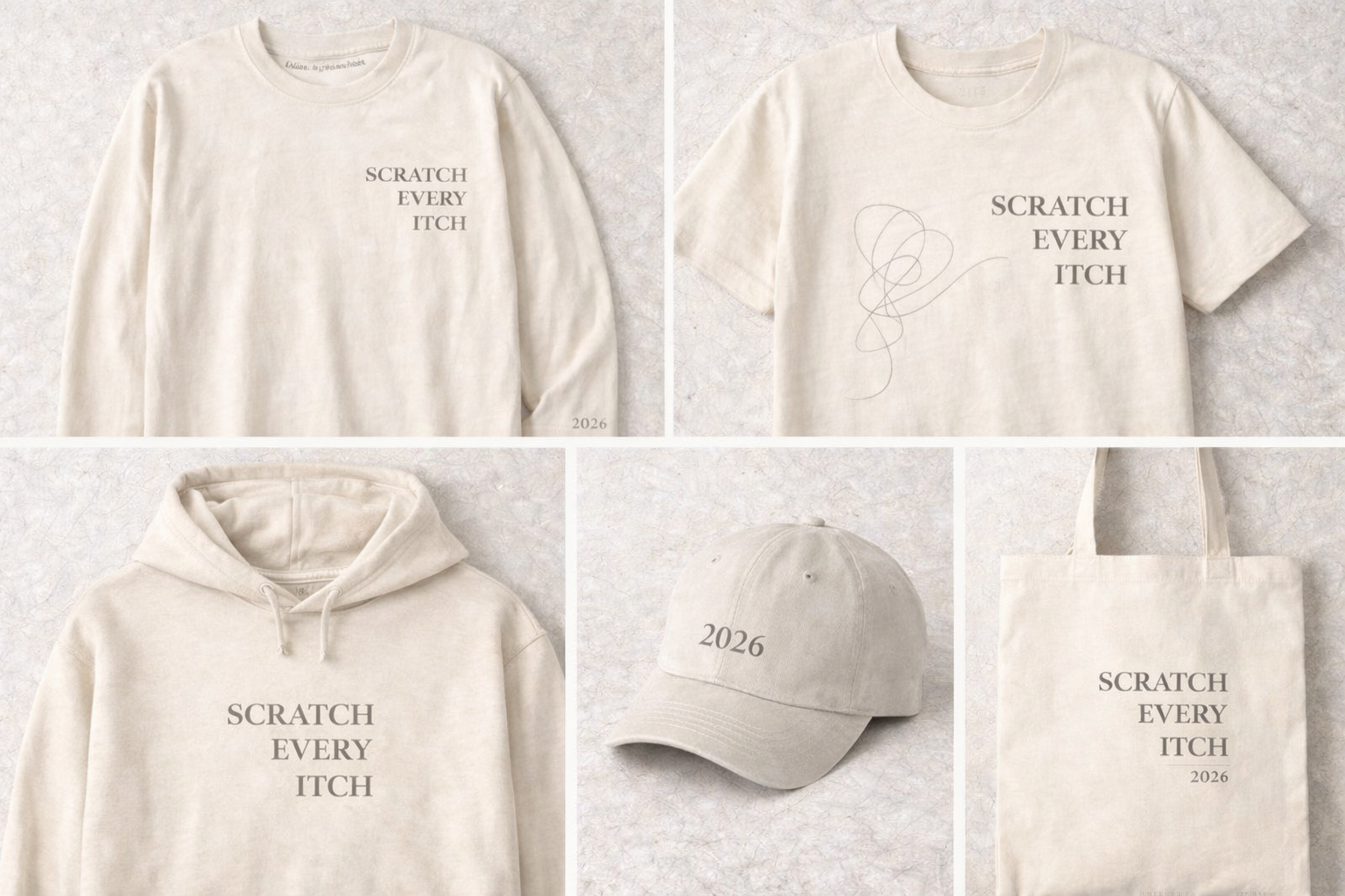 Cream colorway merchandise collection with the same designs