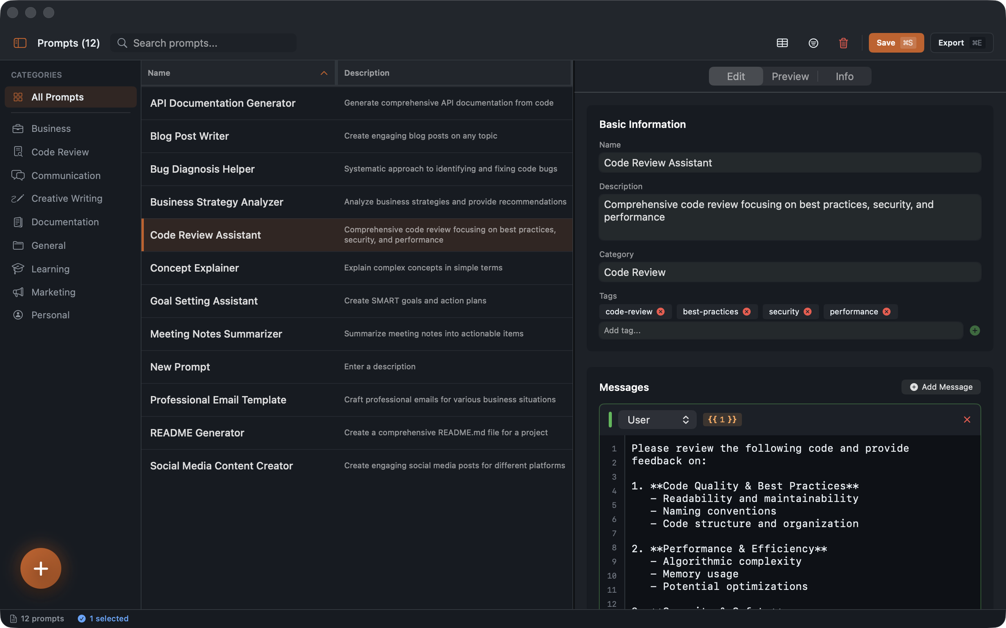 Lexicon main interface showing the three-pane layout with categories, prompt table, and editor