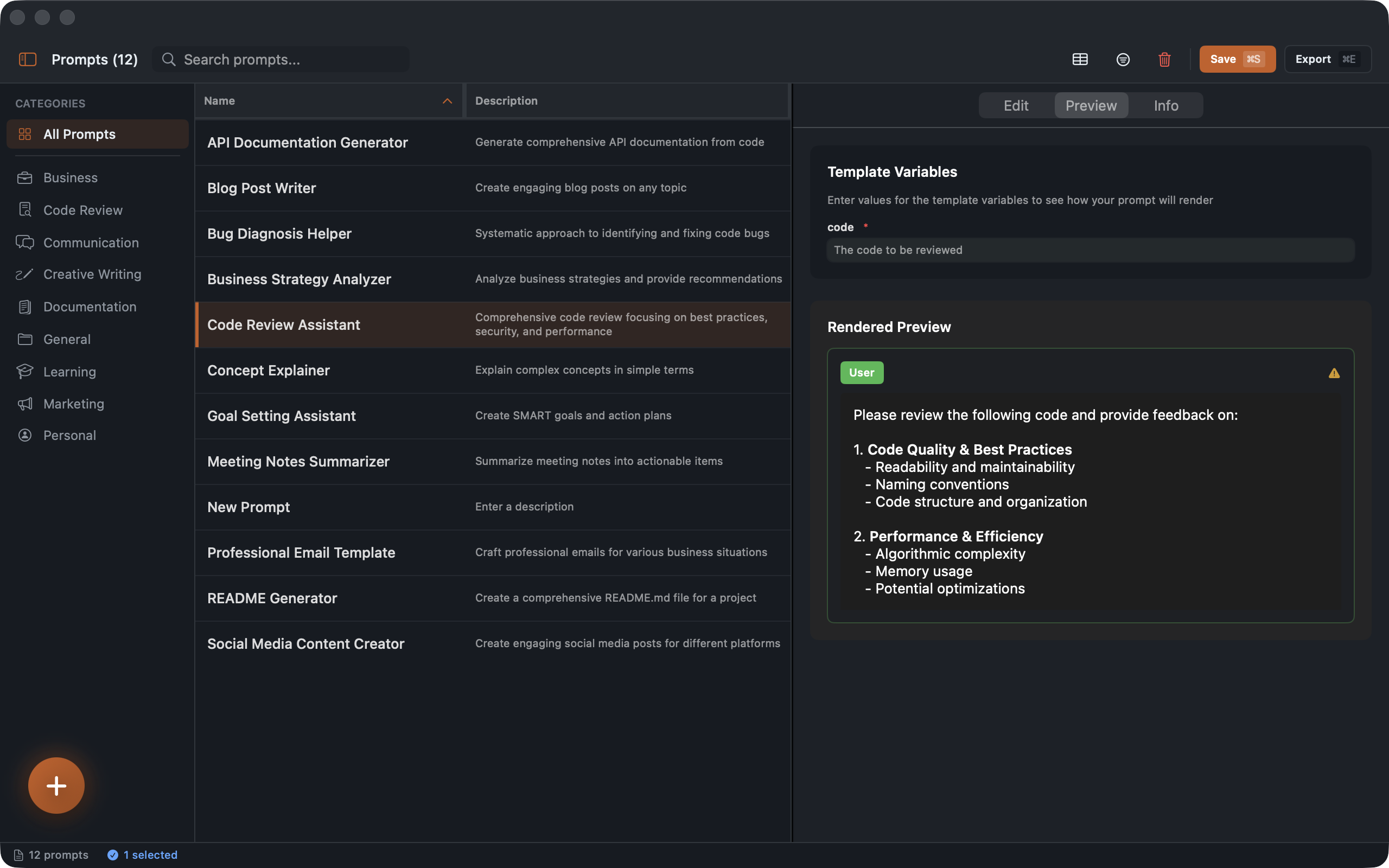 Template preview showing variable substitution