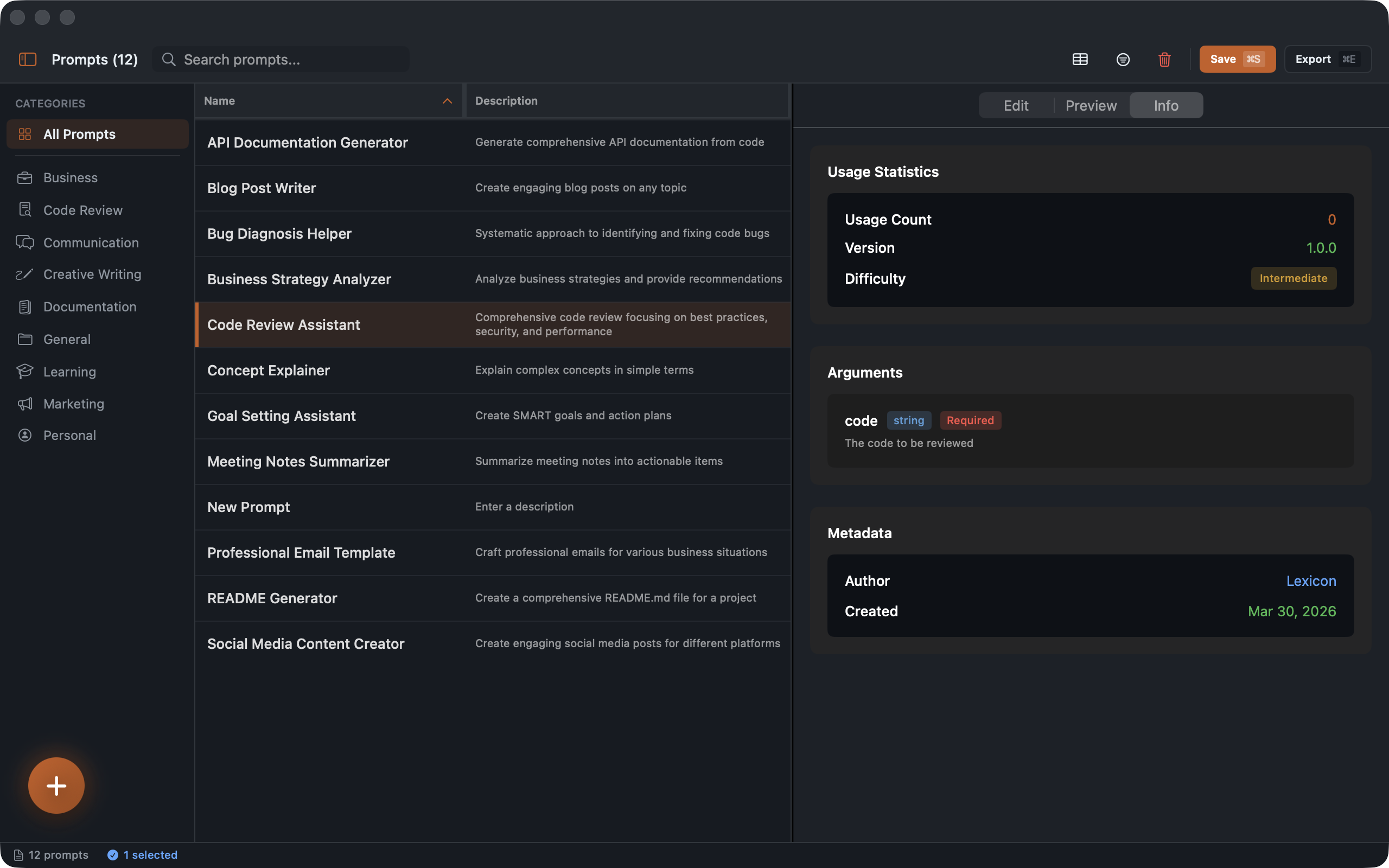 Prompt info tab showing arguments and metadata