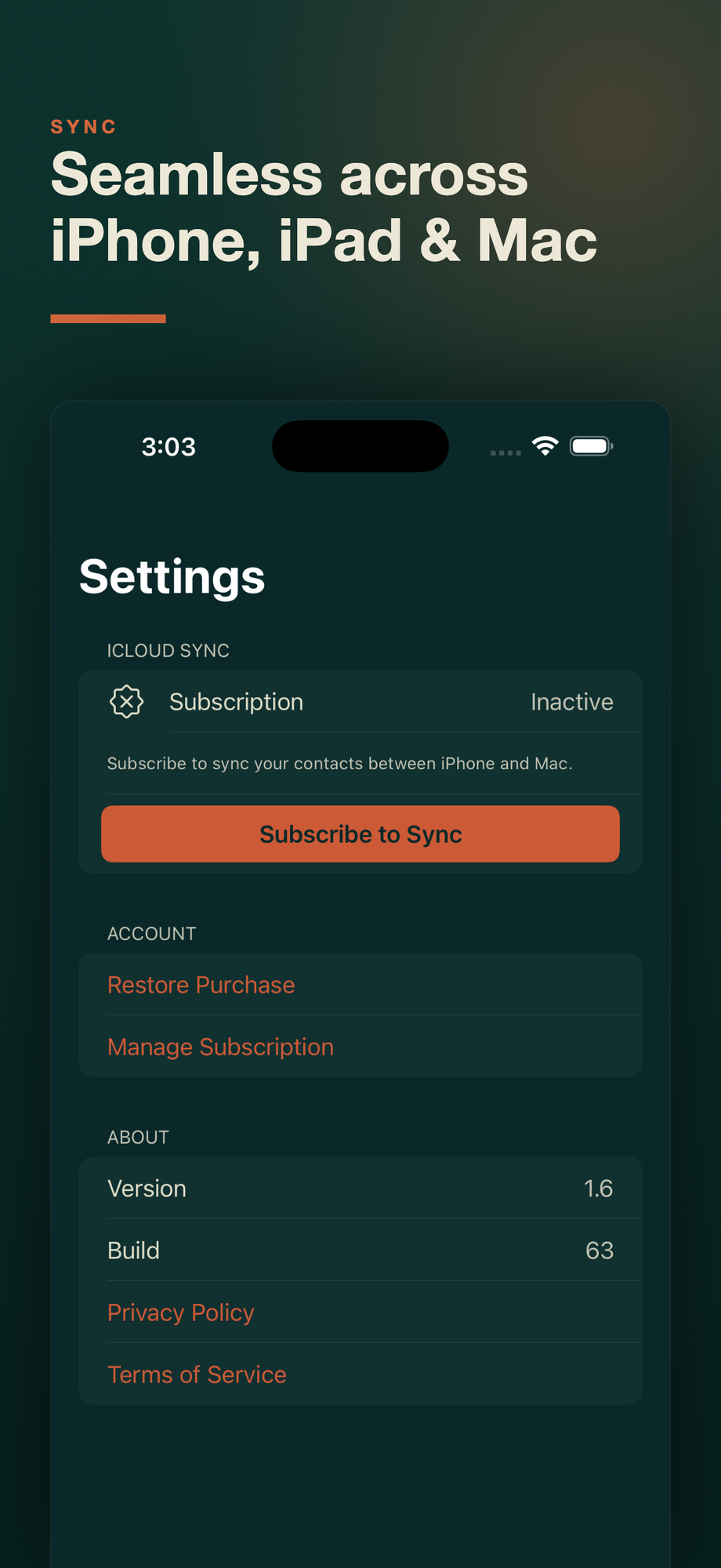 Evergreen Sync settings on iPhone