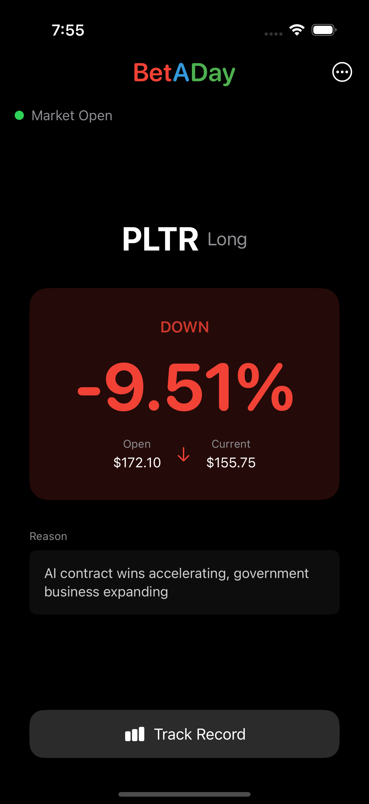 Bet A Day app showing an active PLTR bet down 9.51% during market hours