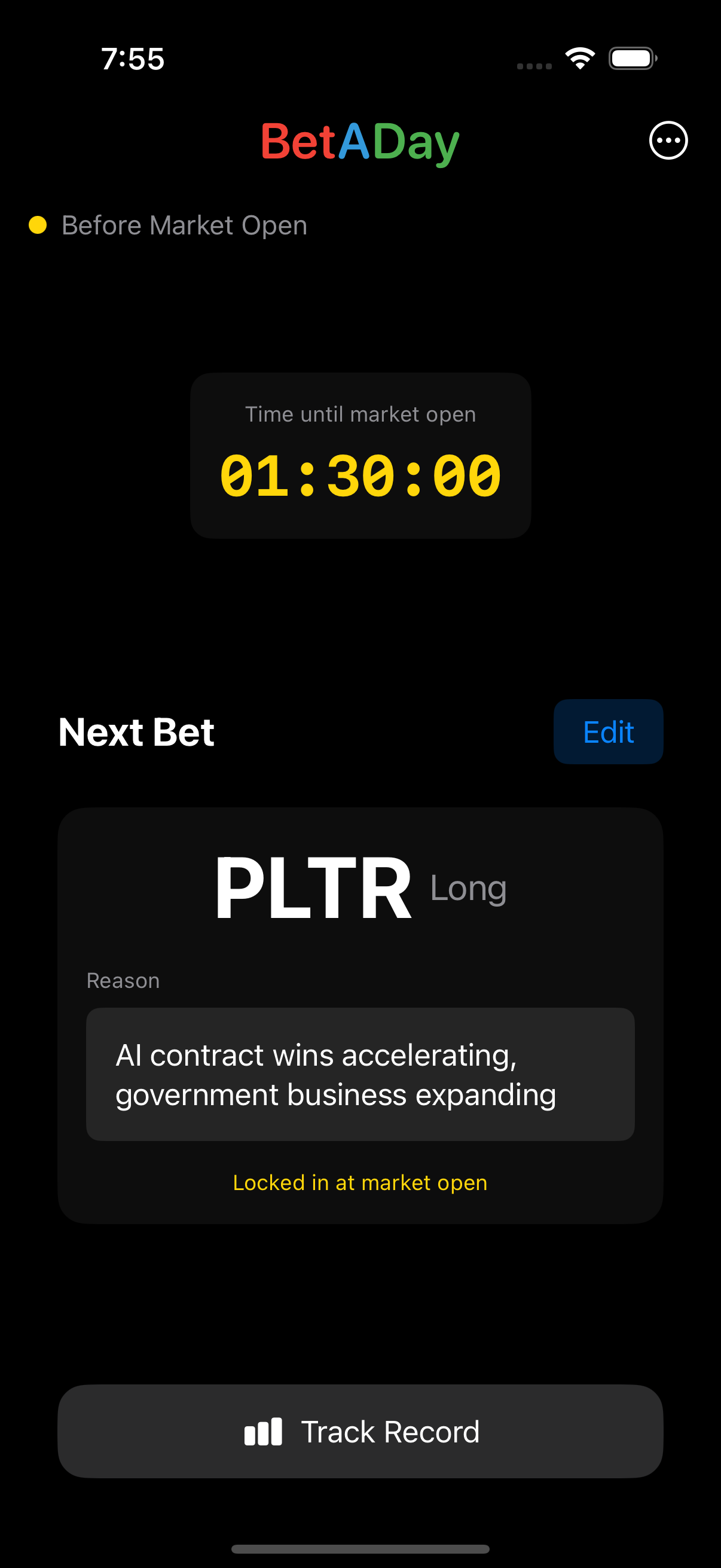 Bet A Day app showing a pending PLTR long bet before market open with countdown timer